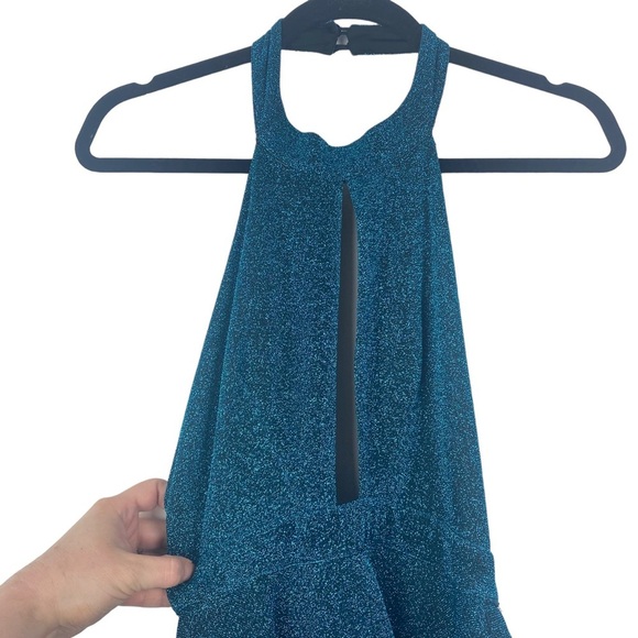 Luxxel Sz S Women's Blue‎ Sparkle Halter Open Back Flared Skirt Dress NWT - Picture 4 of 13